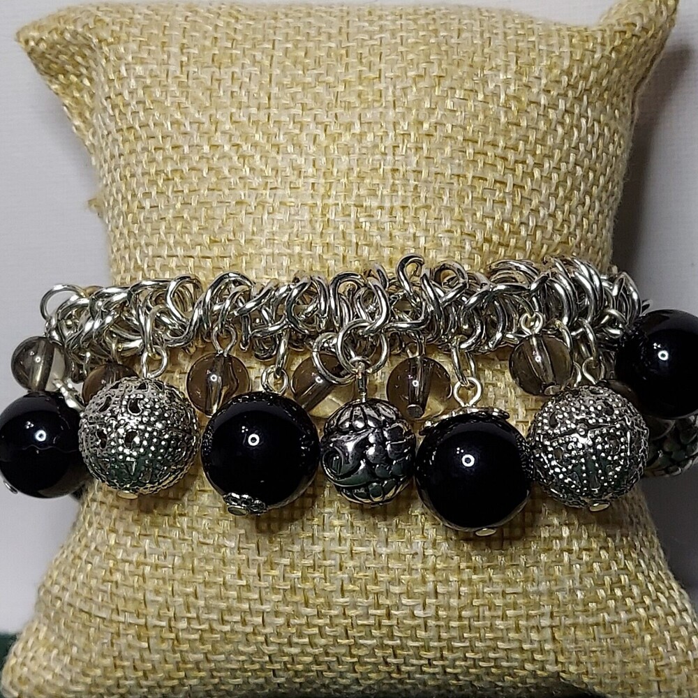 Black and silver colored bracelet beads chain stretch